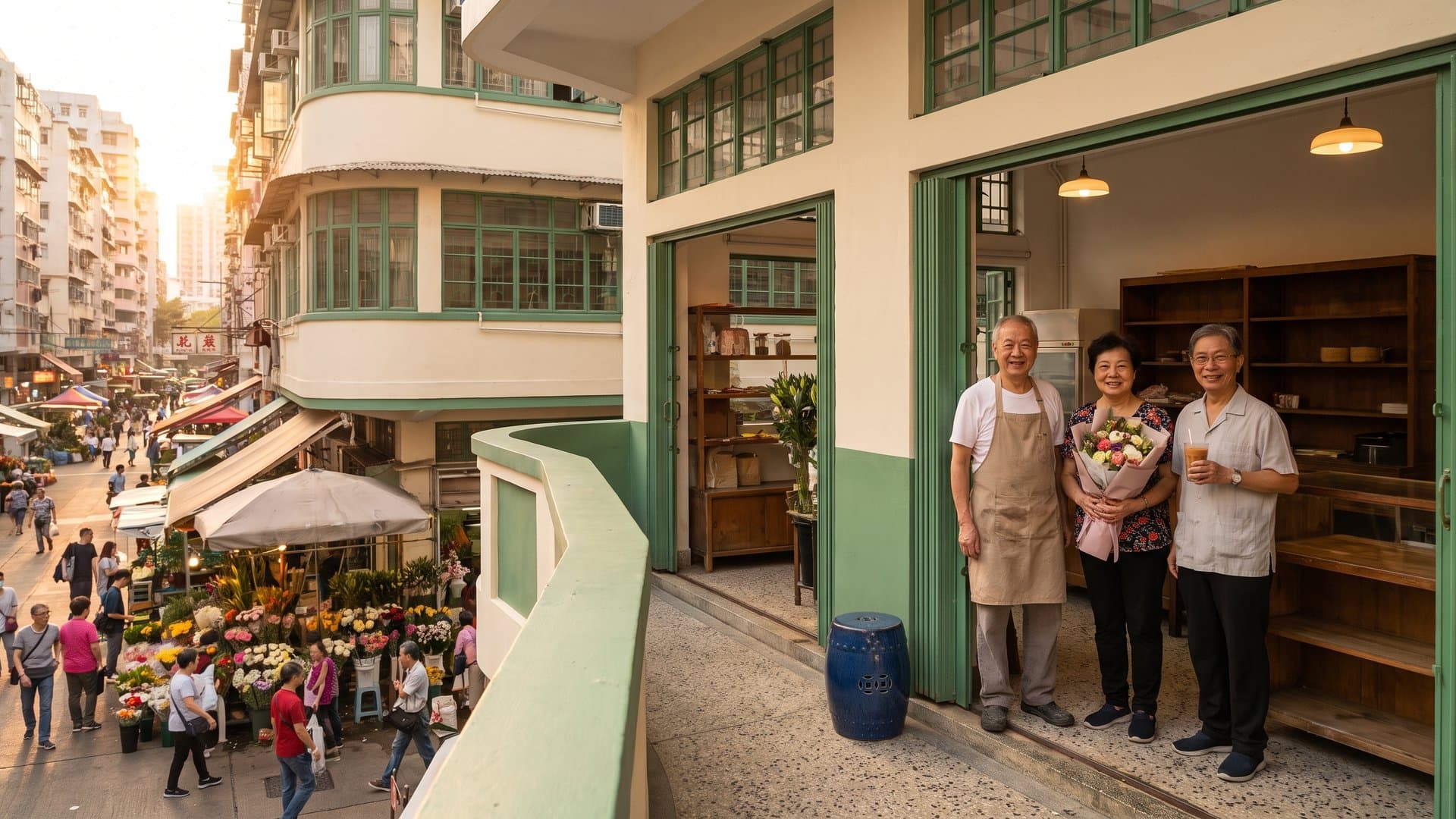 太子一条小店街的黄昏,饼店、花店和药材店的老板在门口聊天