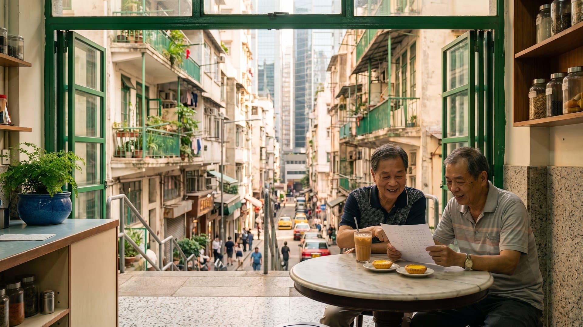 一对经营传统饼店的夫妇,在上环的茶餐厅桌旁一边喝奶茶一边看一页简单的计划